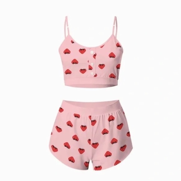 NEW!! STRAWBERRY Print Red Pink Cropped Loungewear Two Piece Set X-Large - Picture 12 of 12